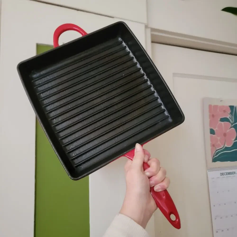 Crate and Barrel Mario Batali Red Enamel Cast Iron Grill Pan w Panini Press Lid